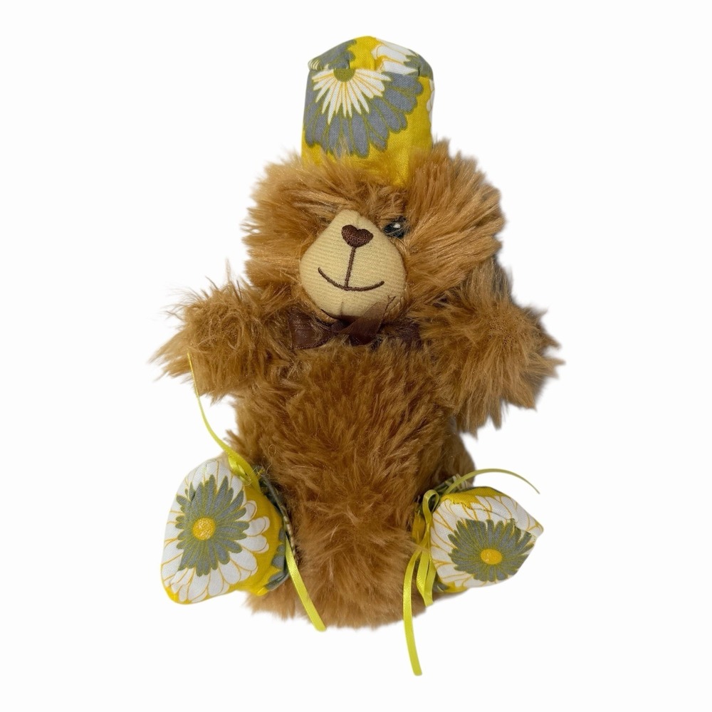 Vintage Brown Fuzzy‎ Teddy Bear Plush with Daisy Print Nightcap and Booties